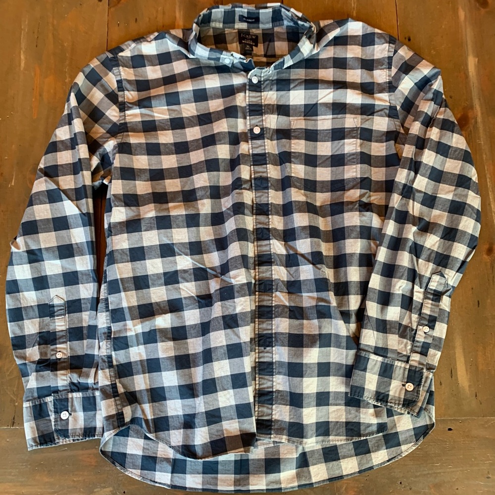 J Crew Classic Fit Flex Washed Plaid Navy & White Long Sleeve XL Dress Shirt